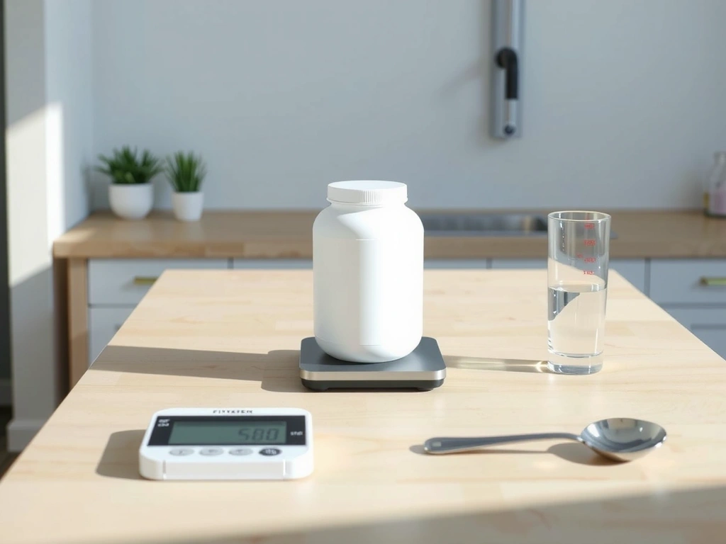 Precizni alati za suplementaciju: kontejner, vagica, kašičica i čaša vode na drvenoj površini.